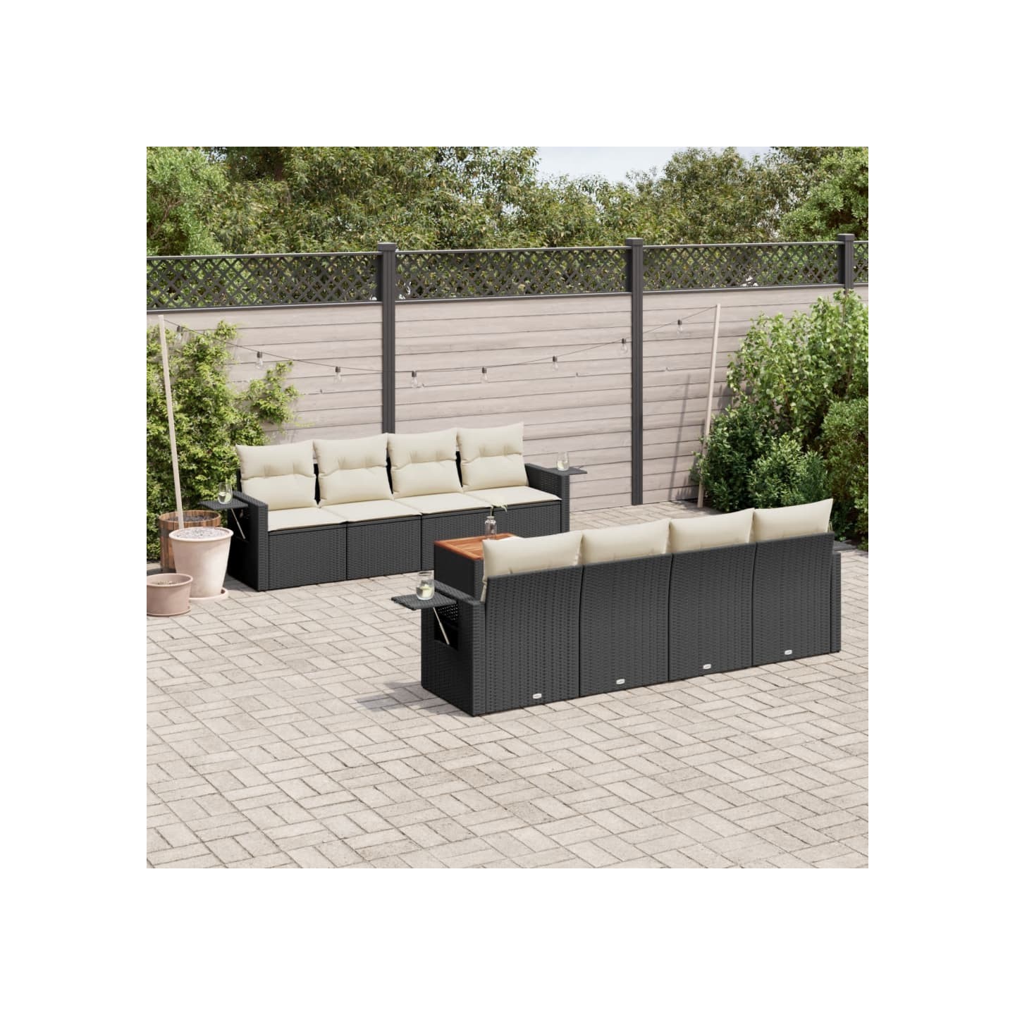 Salon de jardin 9 pcs avec coussins noir résine tressée