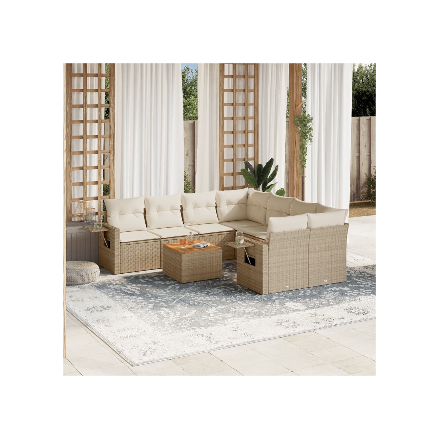 Salon de jardin avec coussins 9 pcs beige résine tressée