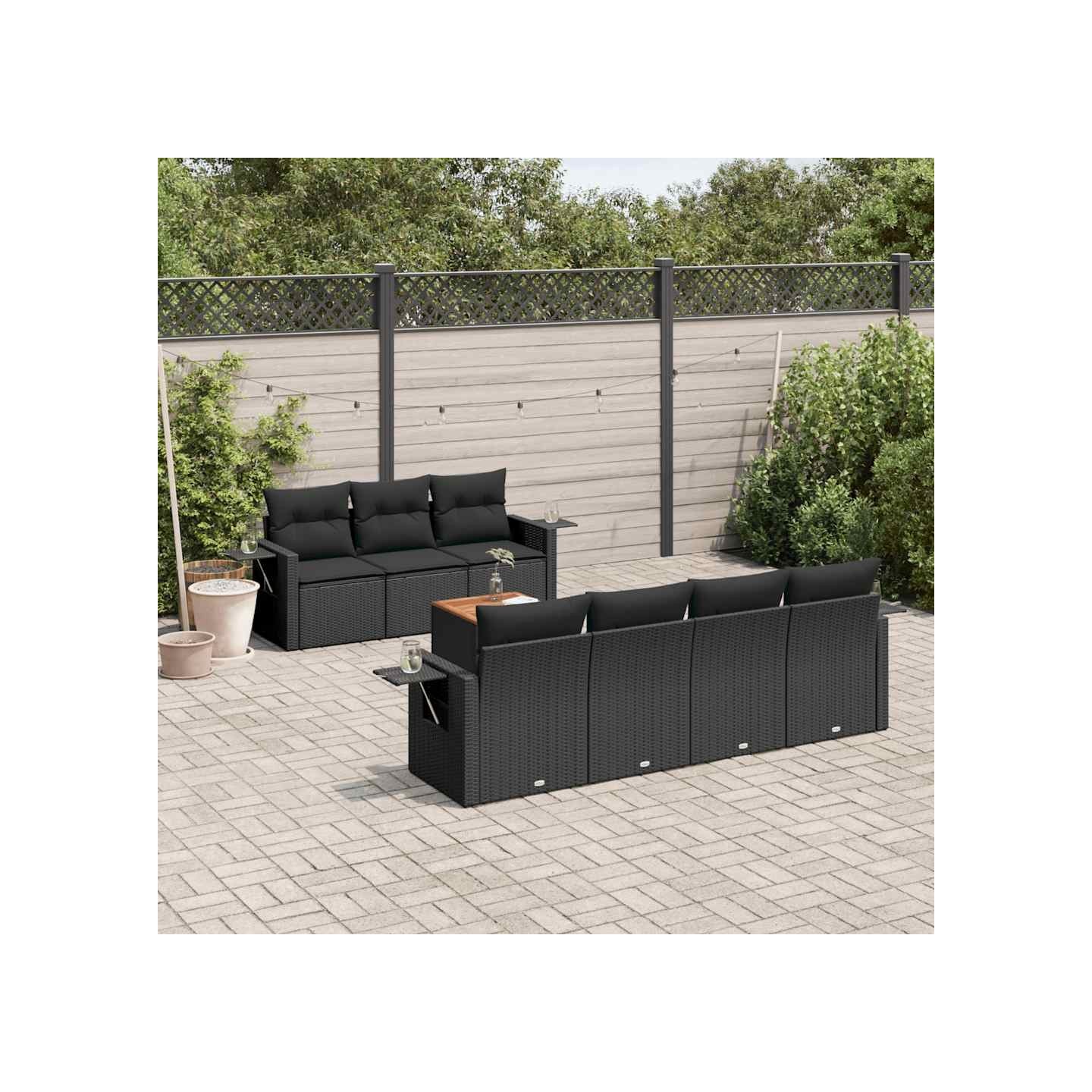 Salon de jardin 8 pcs avec coussins noir résine tressée