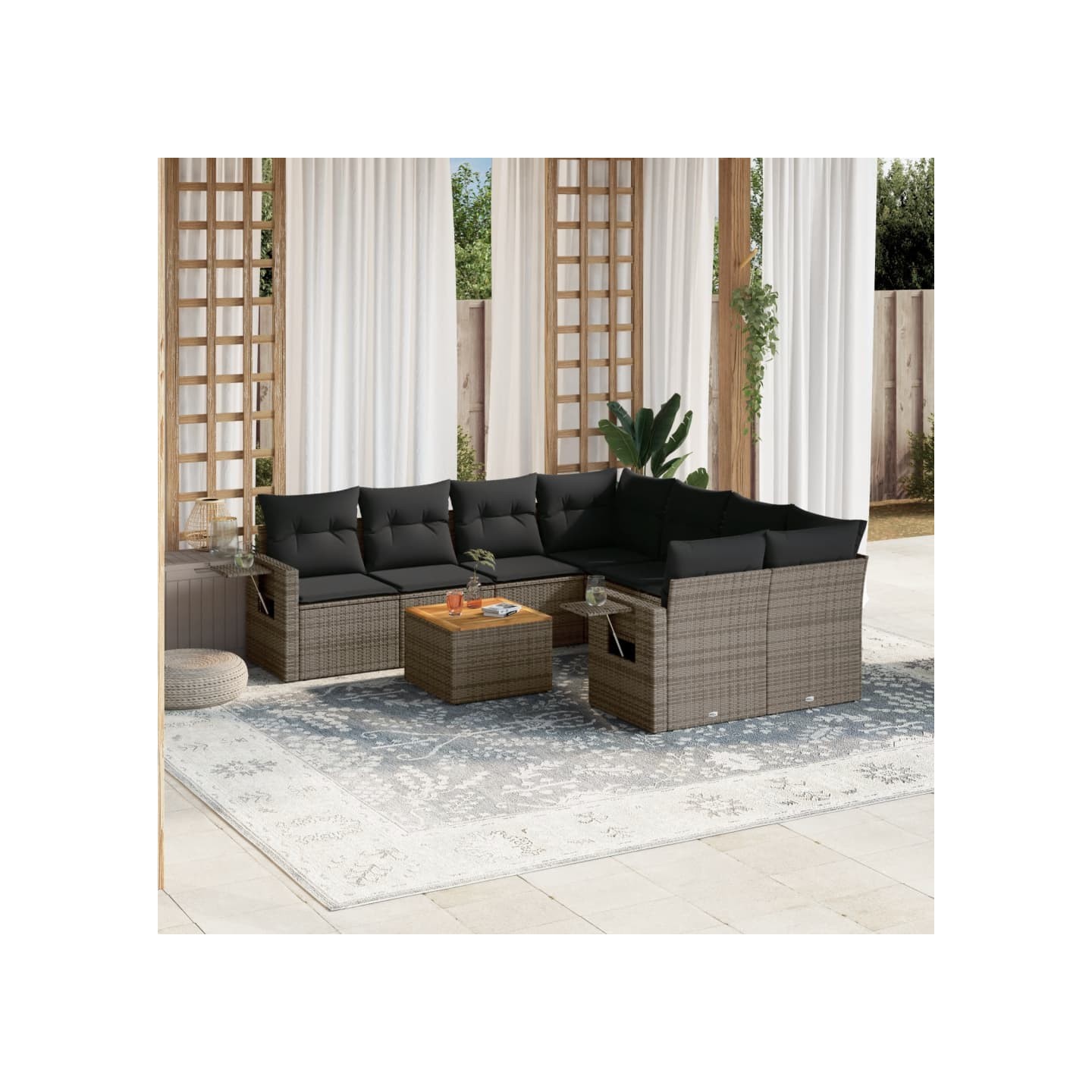 Salon de jardin 9 pcs avec coussins gris résine tressée