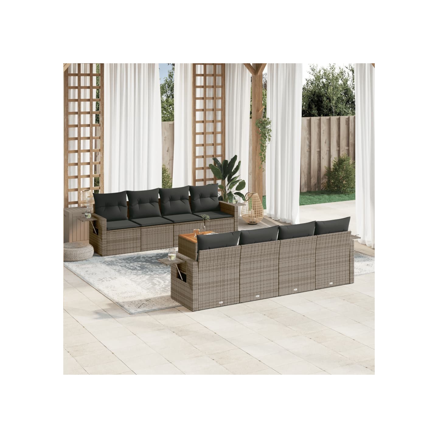Salon de jardin 9 pcs avec coussins gris résine tressée