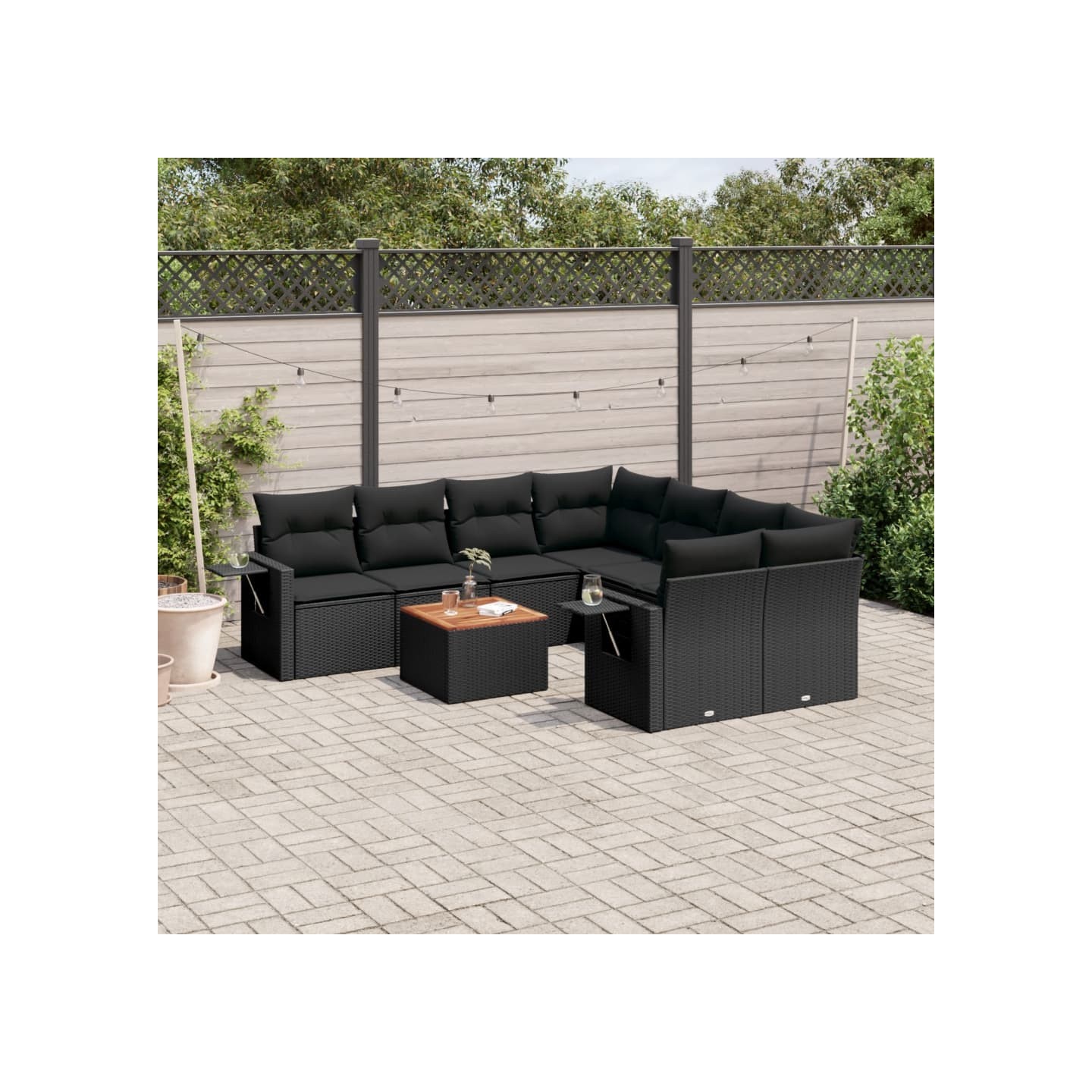 Salon de jardin 9 pcs avec coussins noir résine tressée