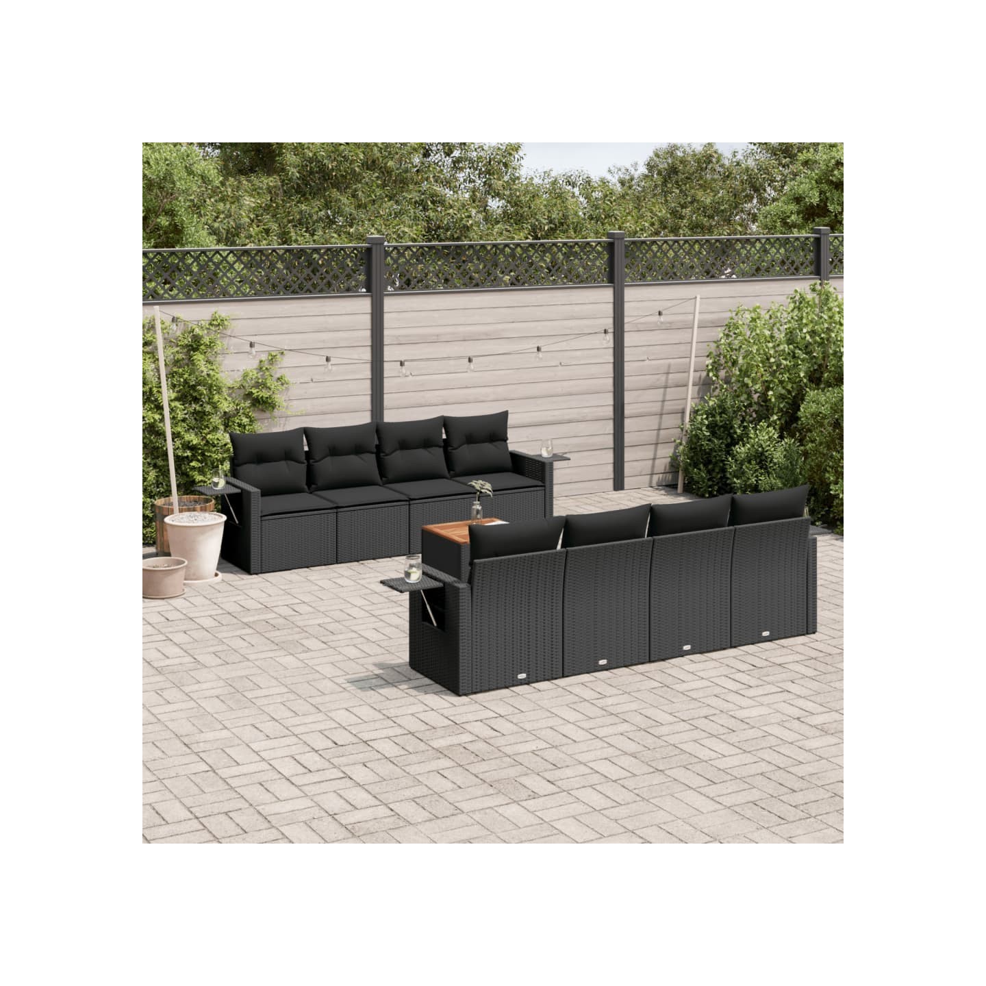 Salon de jardin 9 pcs avec coussins noir résine tressée