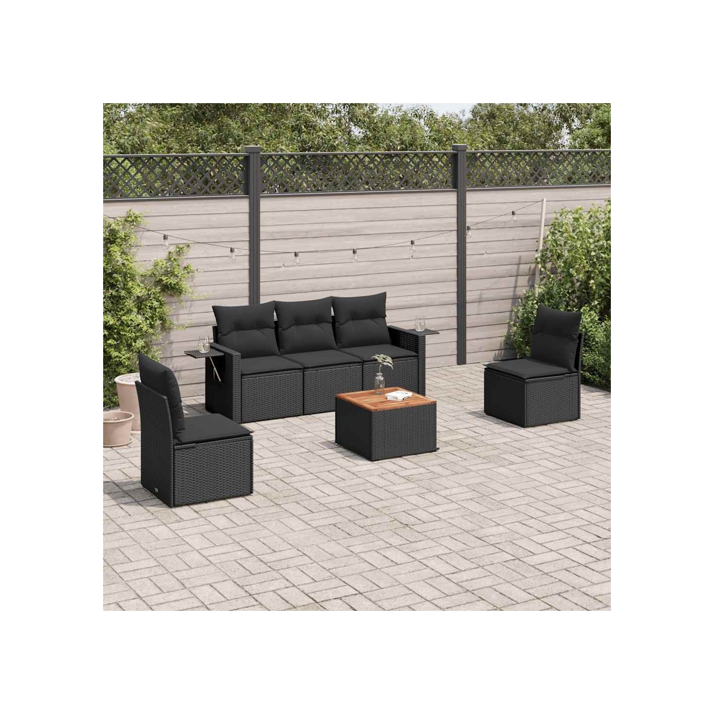 Salon de jardin 6 pcs avec coussins noir résine tressée