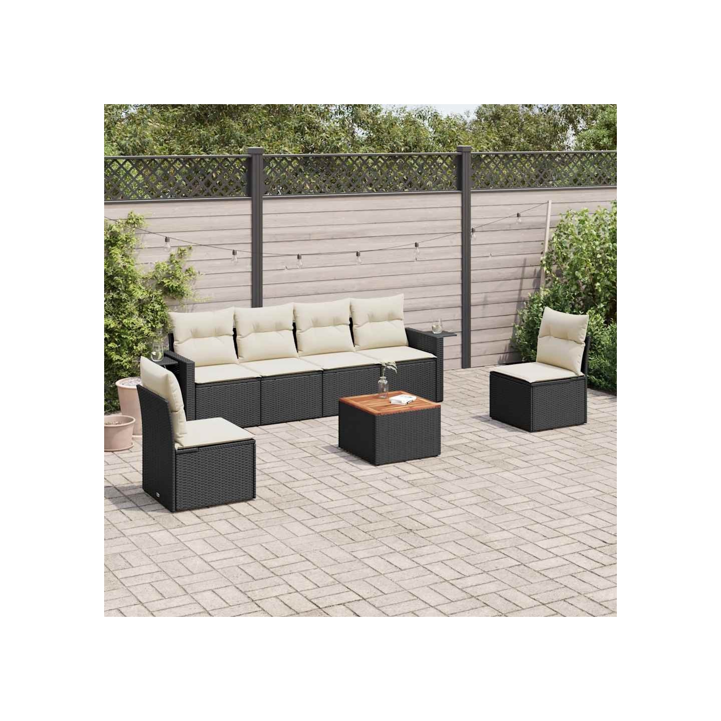 Salon de jardin 7 pcs avec coussins noir résine tressée