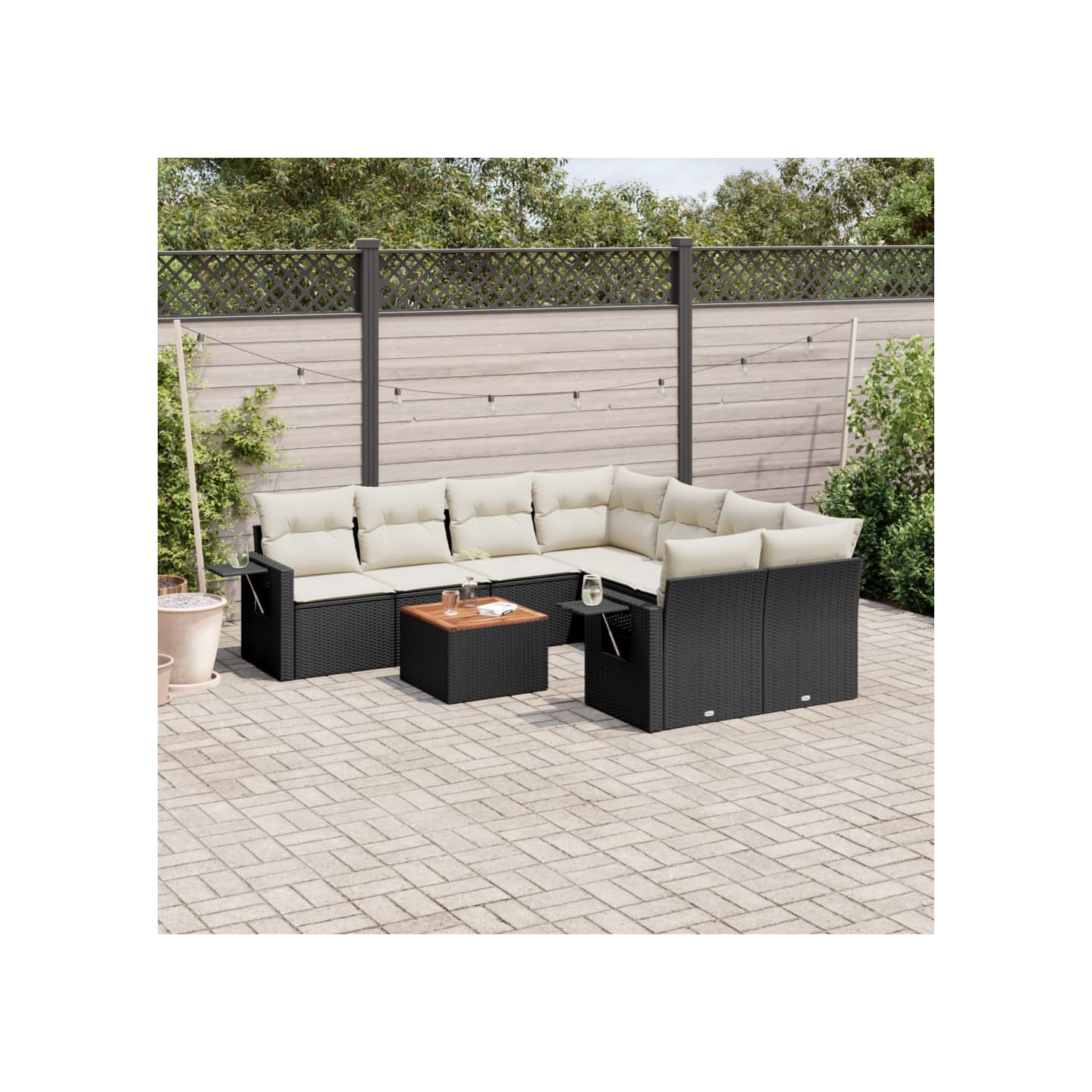 Salon de jardin 9 pcs avec coussins noir résine tressée