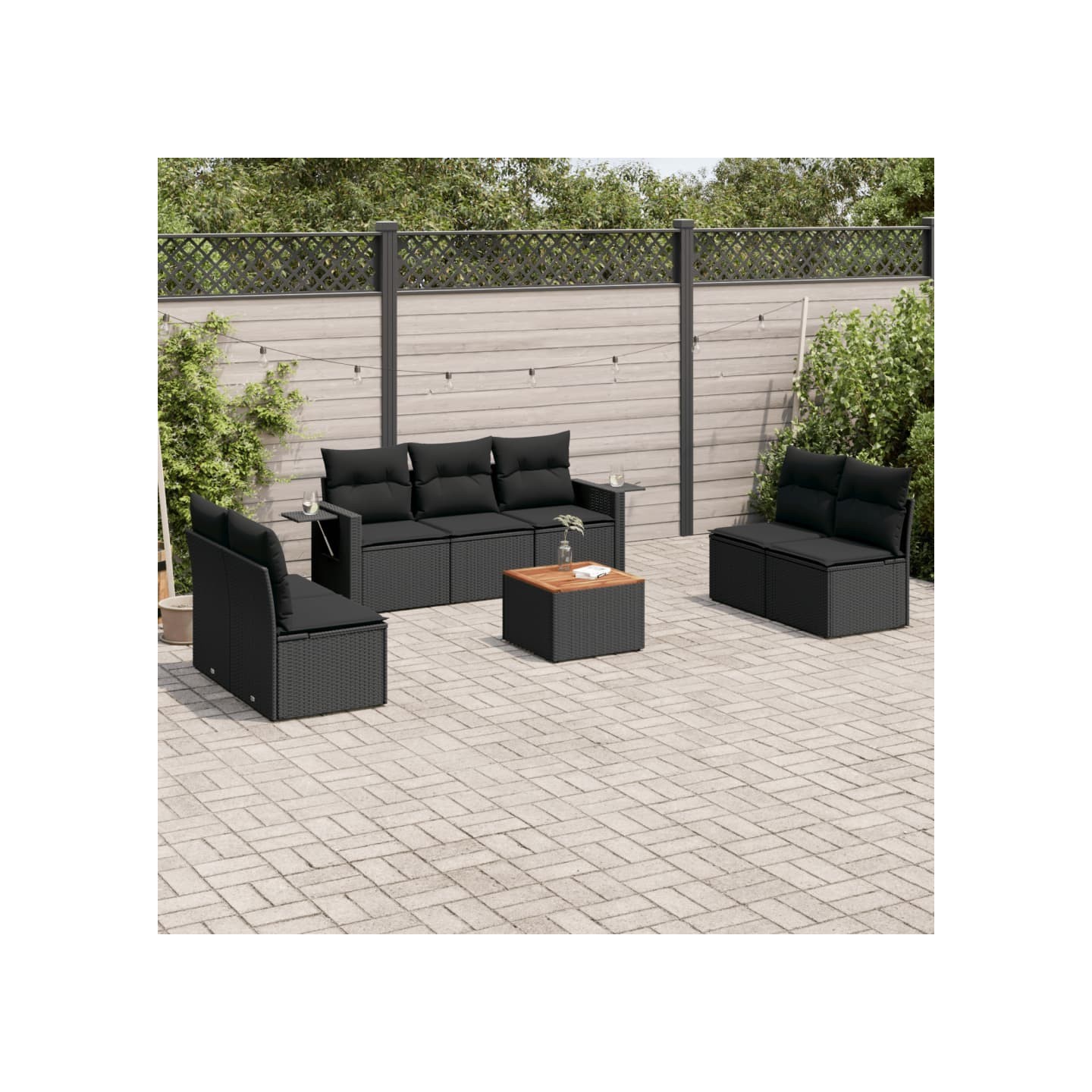 Salon de jardin 8 pcs avec coussins noir résine tressée