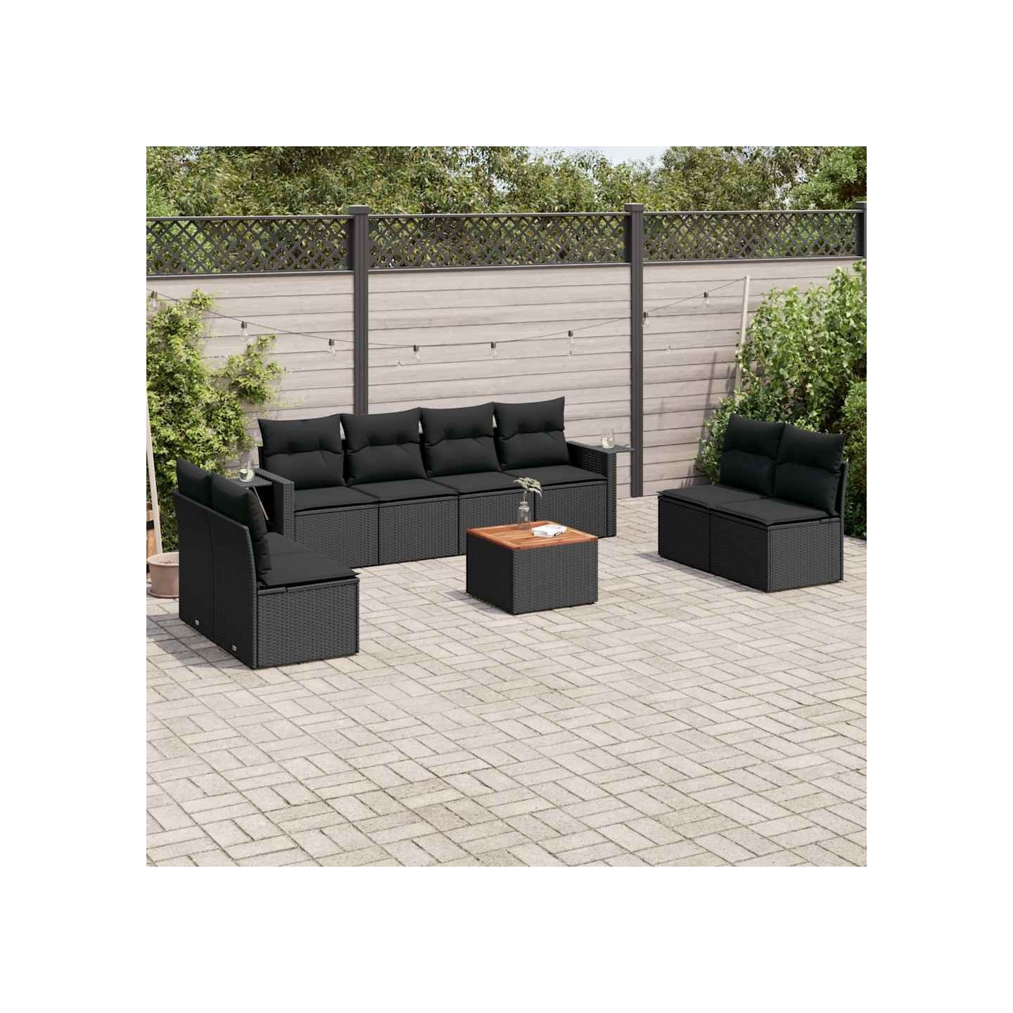 Salon de jardin 9 pcs avec coussins noir résine tressée