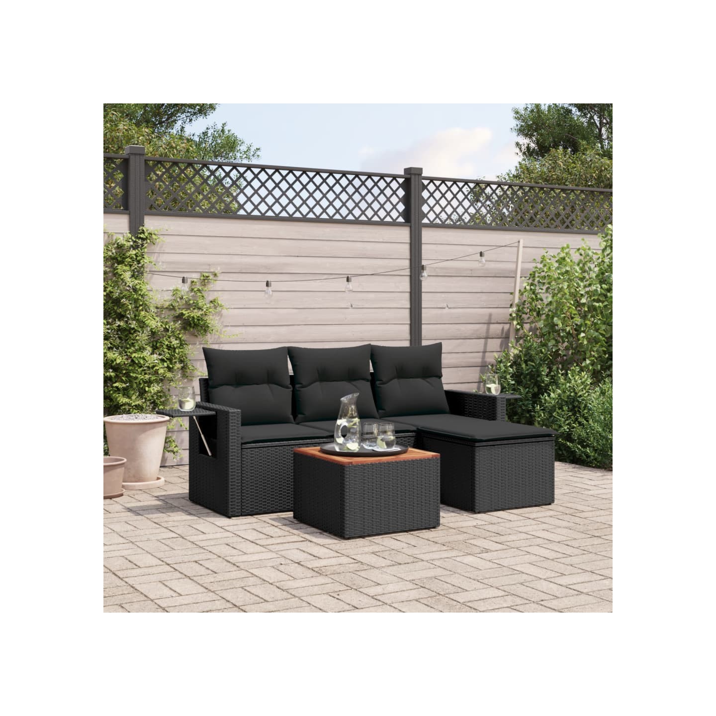 Salon de jardin 5 pcs avec coussins noir résine tressée