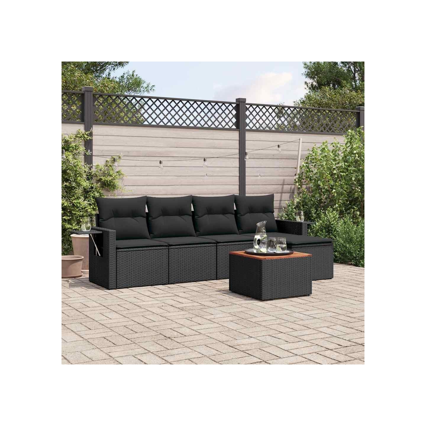 Salon de jardin 6 pcs avec coussins noir résine tressée