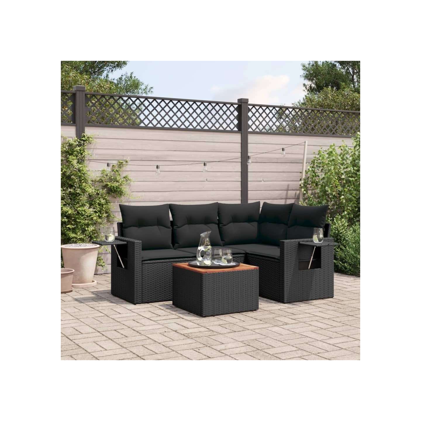 Salon de jardin 5 pcs avec coussins noir résine tressée