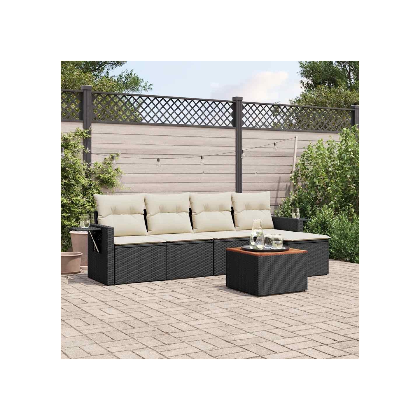 Salon de jardin 6 pcs avec coussins noir résine tressée