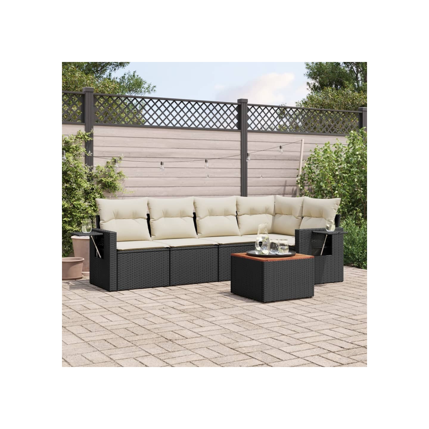 Salon de jardin 6 pcs avec coussins noir résine tressée