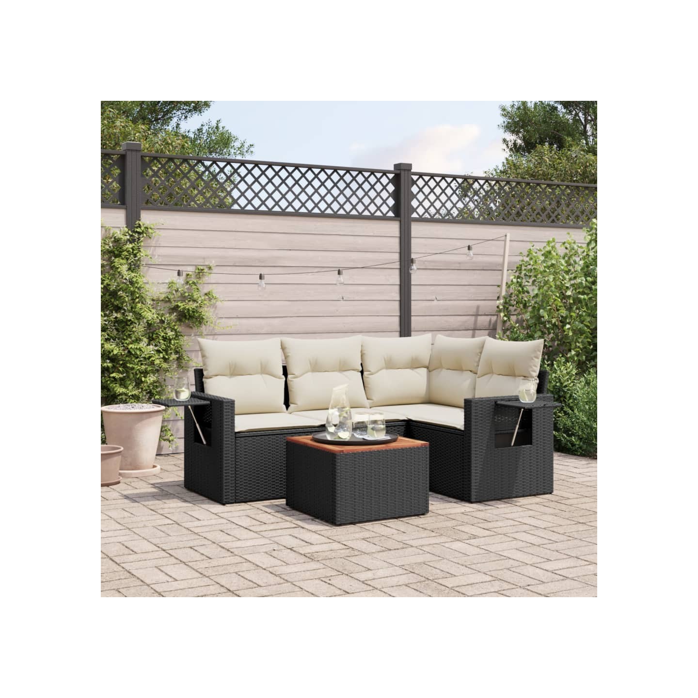 Salon de jardin 5 pcs avec coussins noir résine tressée