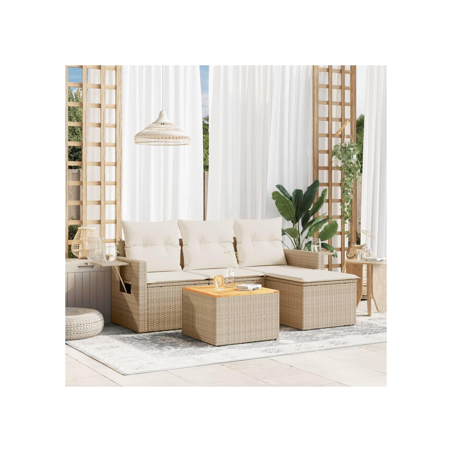 Salon de jardin avec coussins 5 pcs beige résine tressée
