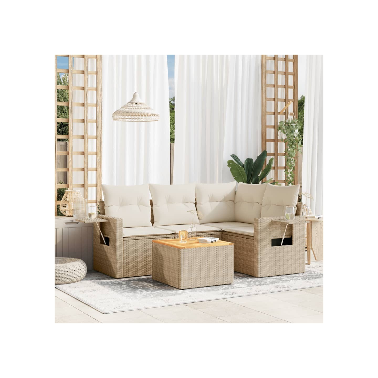 Salon de jardin avec coussins 5 pcs beige résine tressée
