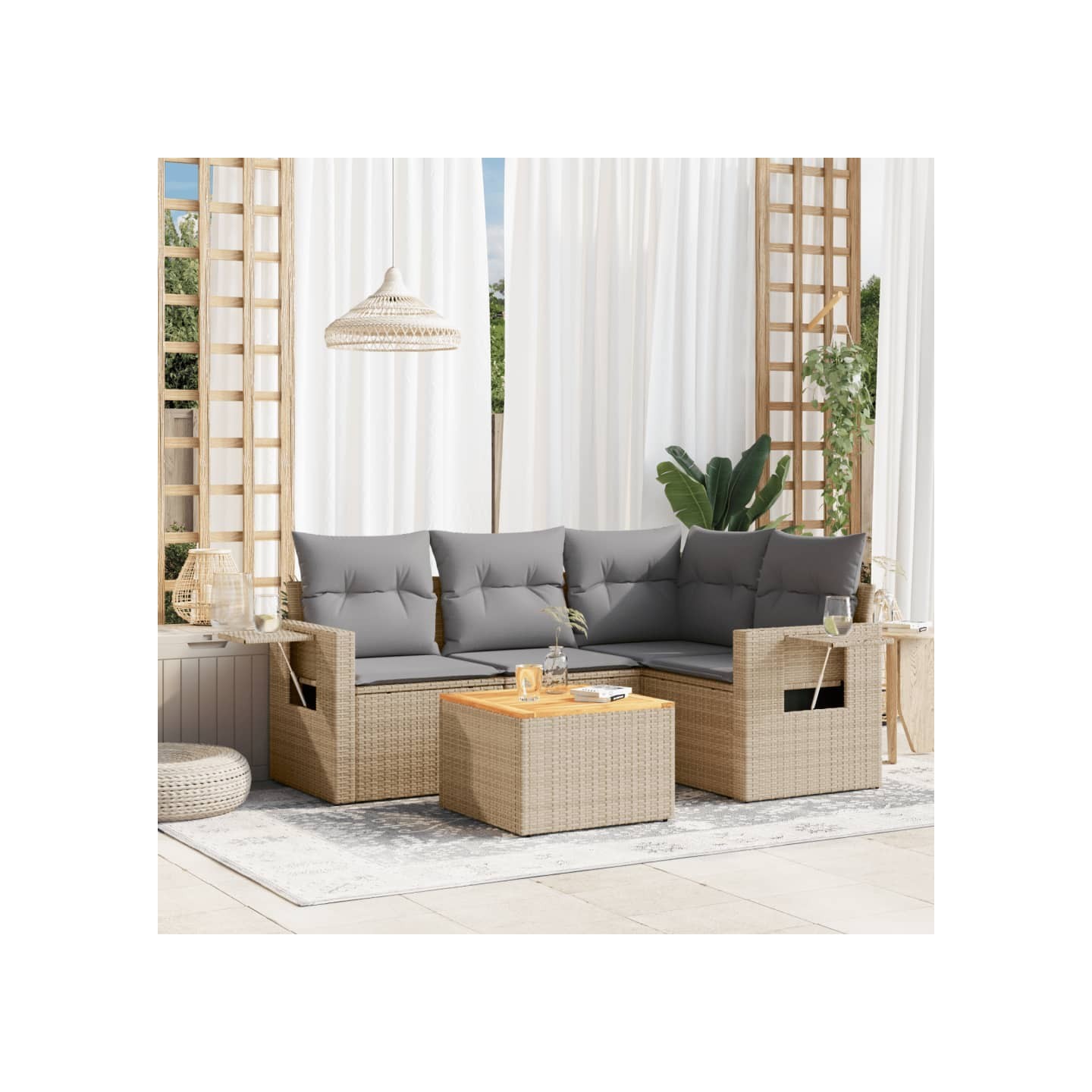 Salon de jardin avec coussins 5pcs mélange beige résine tressée