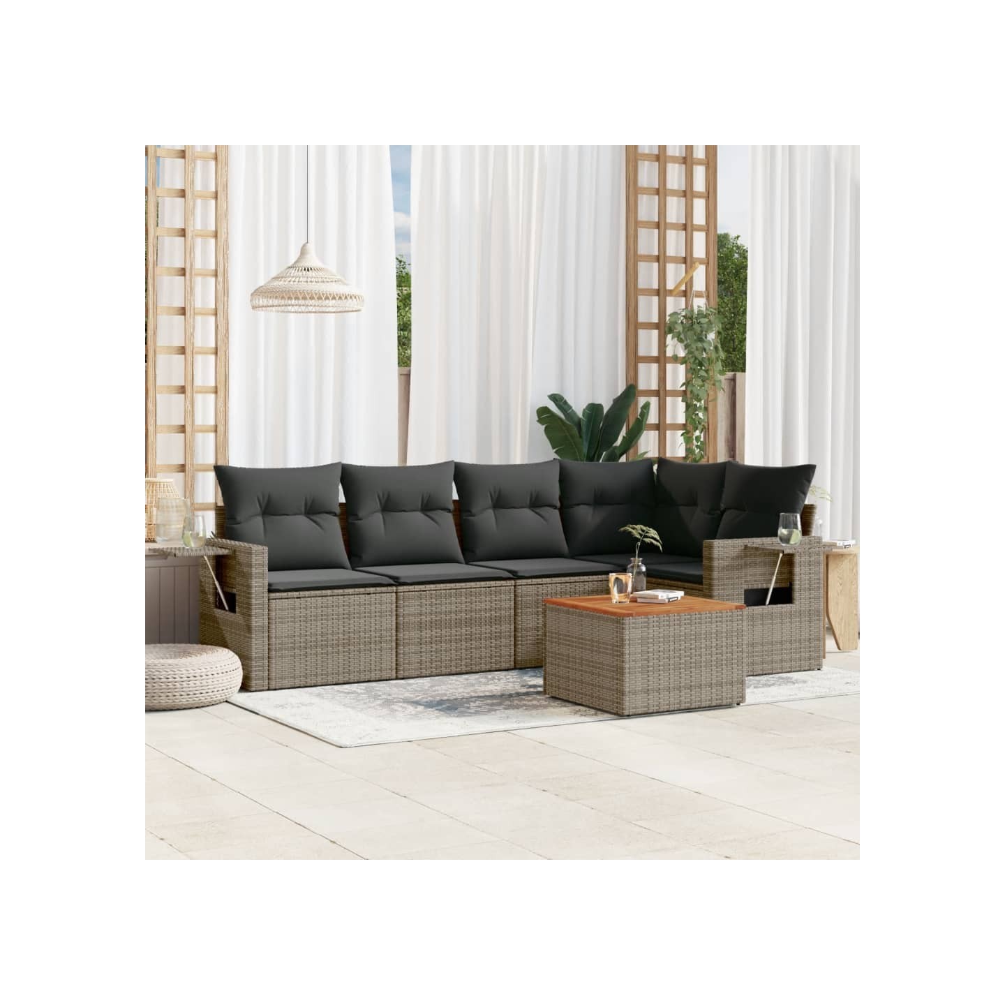 Salon de jardin 6 pcs avec coussins gris résine tressée