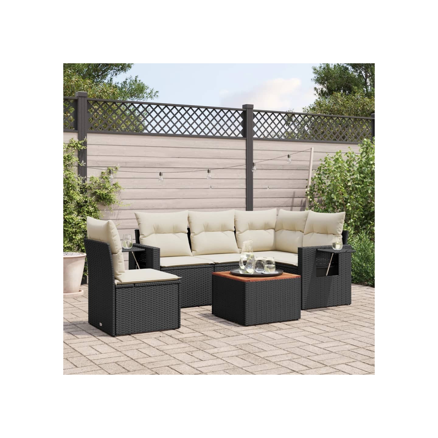 Salon de jardin 6 pcs avec coussins noir résine tressée