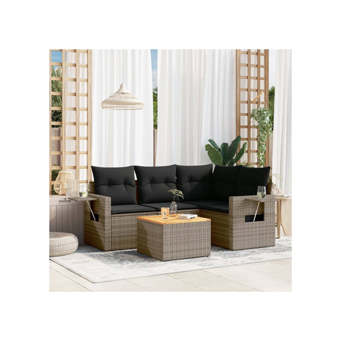Salon de jardin 5 pcs avec coussins gris résine tressée
