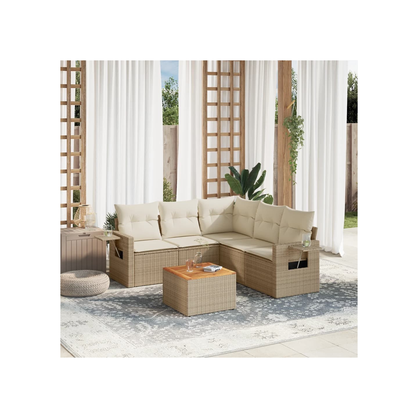 Salon de jardin avec coussins 6 pcs beige résine tressée