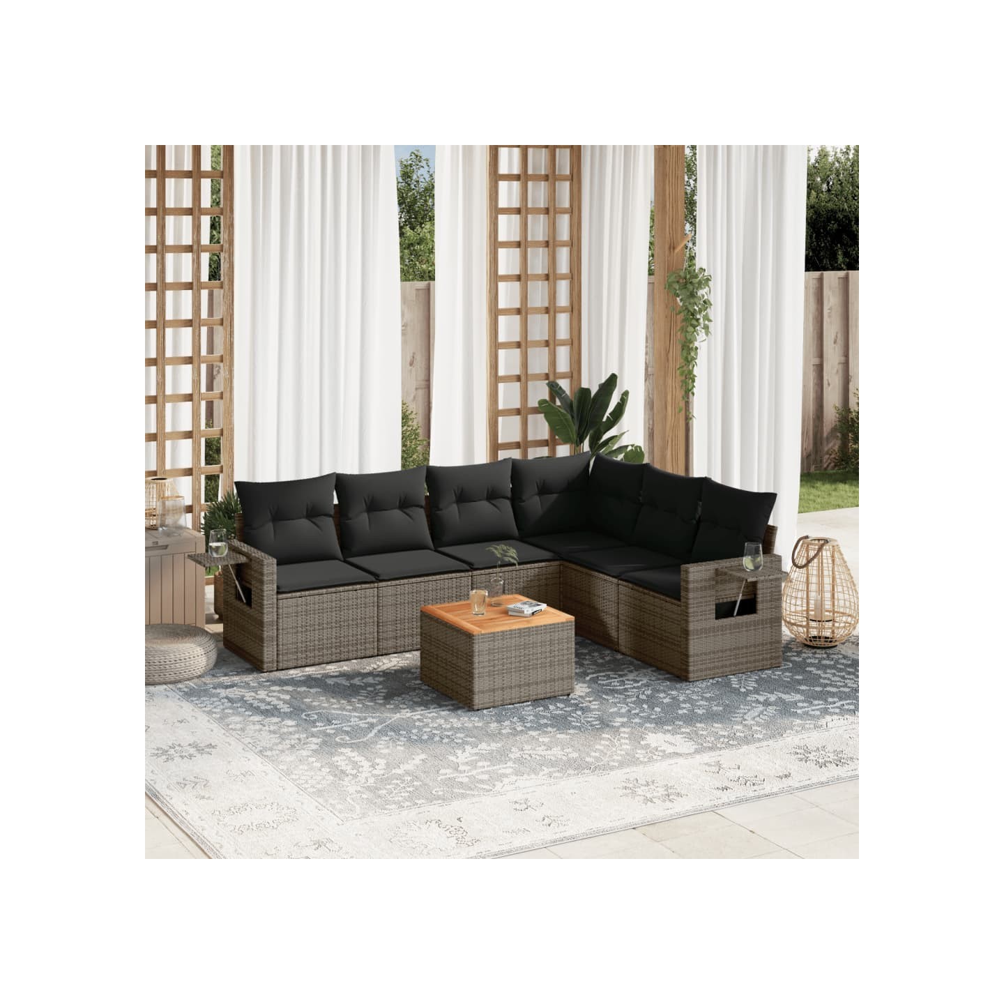 Salon de jardin avec coussins 7 pcs gris résine tressée
