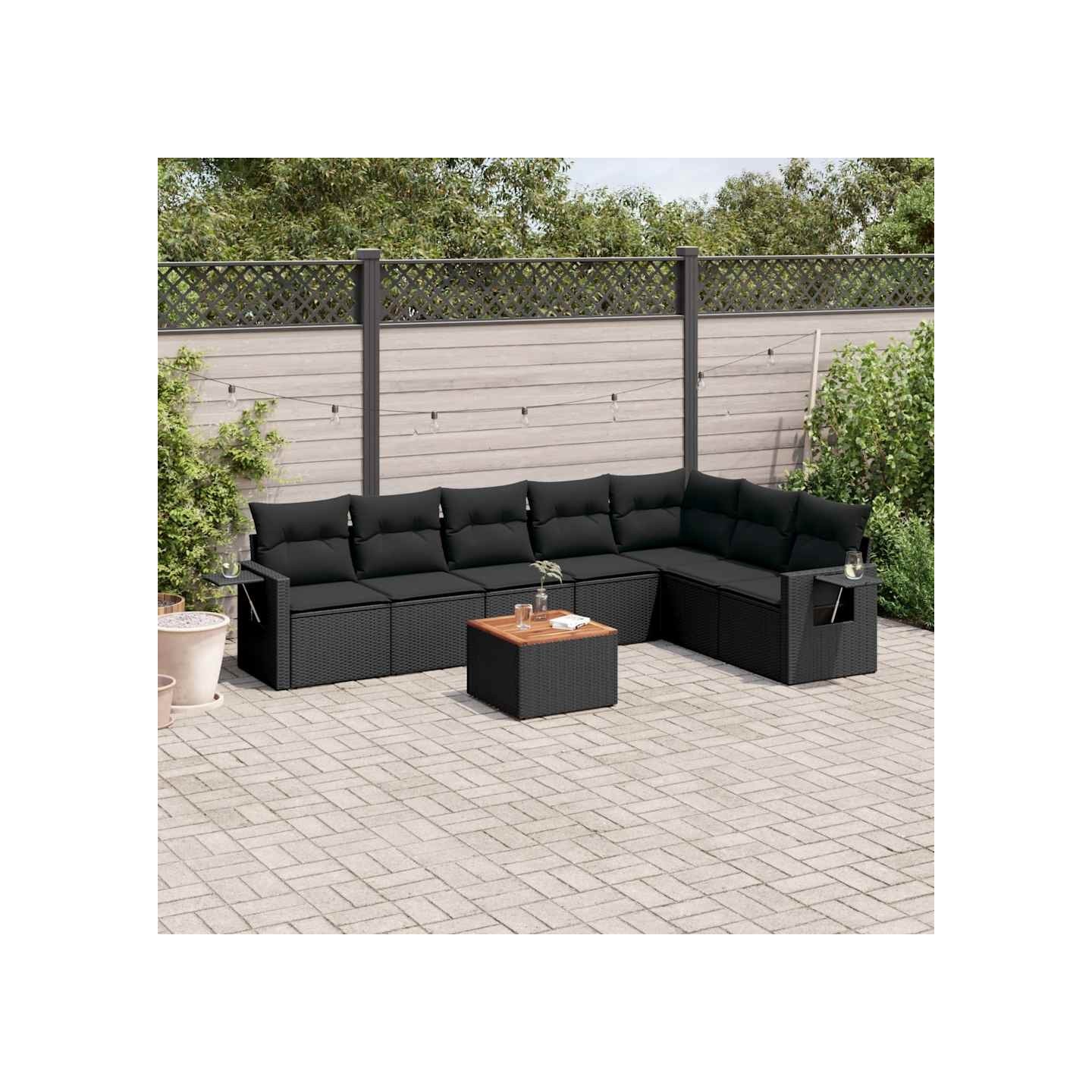 Salon de jardin 8 pcs avec coussins noir résine tressée