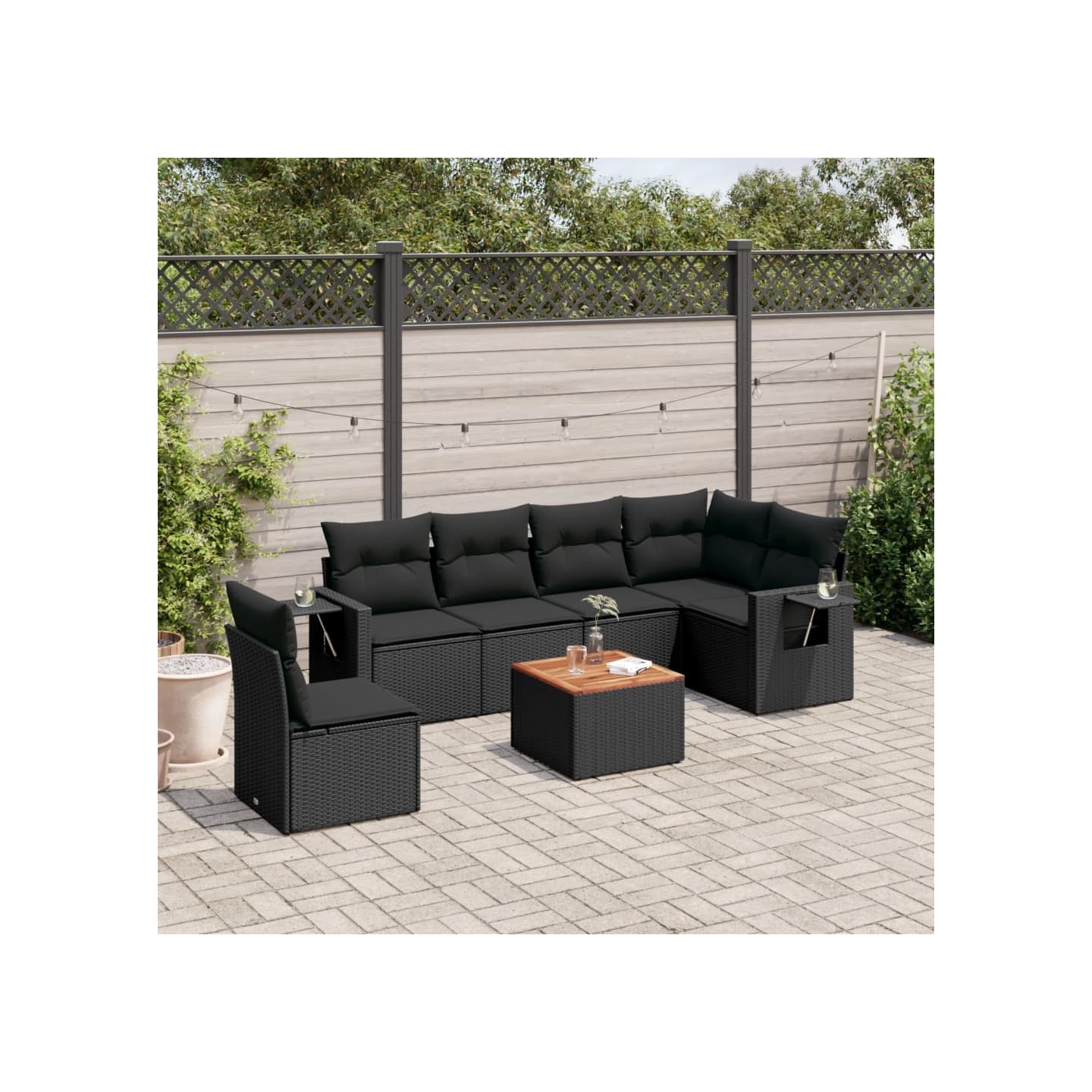 Salon de jardin 7 pcs avec coussins noir résine tressée
