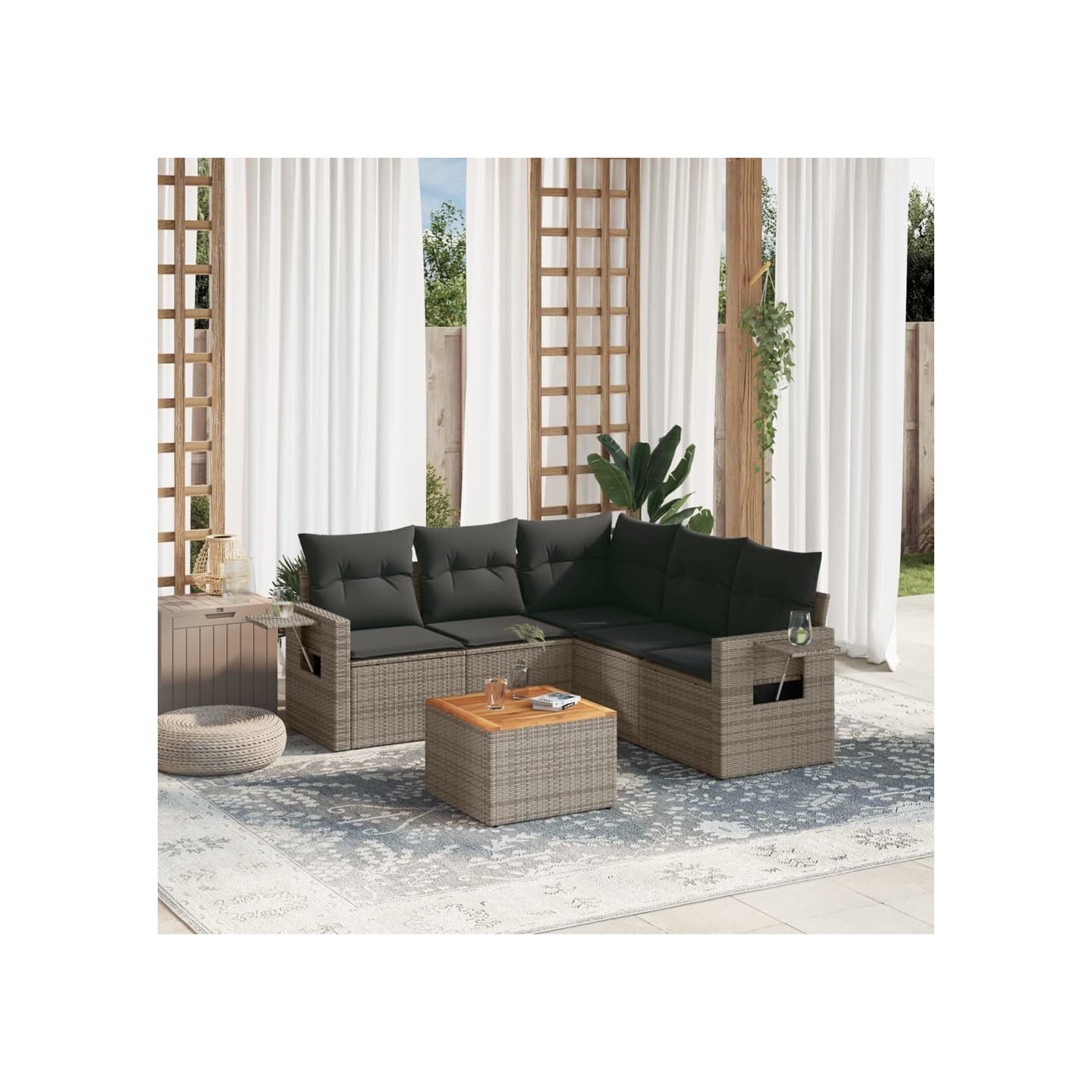 Salon de jardin 6 pcs avec coussins gris résine tressée