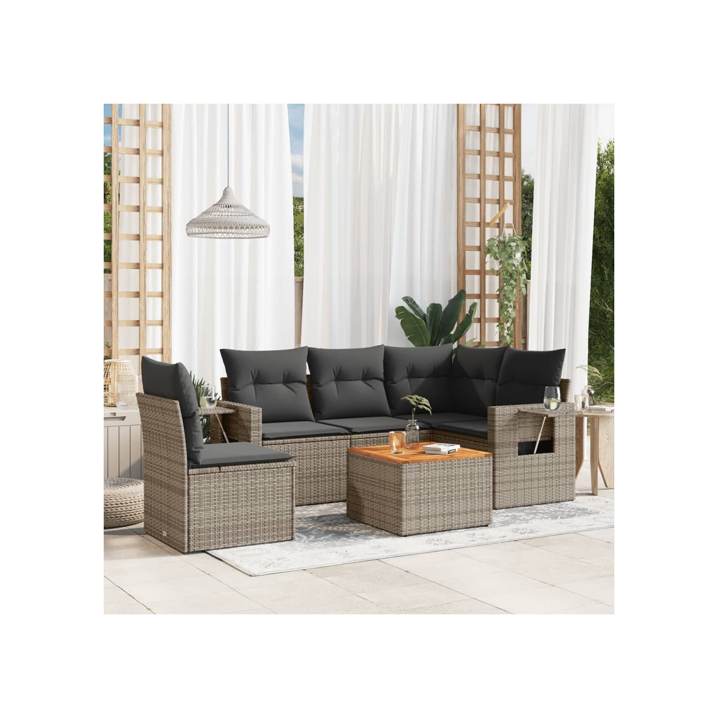Salon de jardin 6 pcs avec coussins gris résine tressée