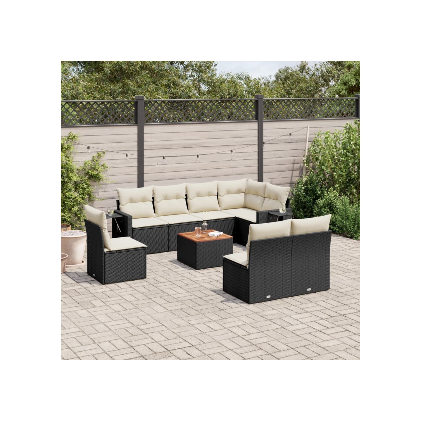 Salon de jardin 9 pcs avec coussins noir résine tressée