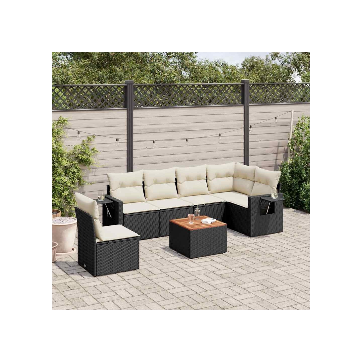 Salon de jardin 7 pcs avec coussins noir résine tressée