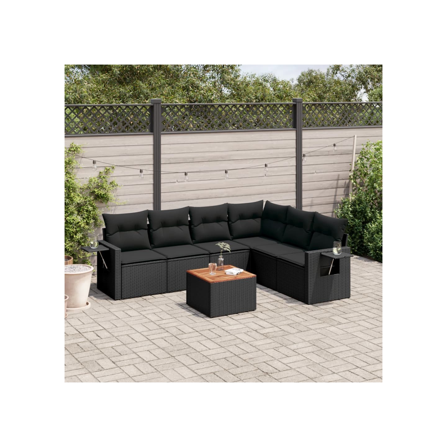 Salon de jardin 7 pcs avec coussins noir résine tressée