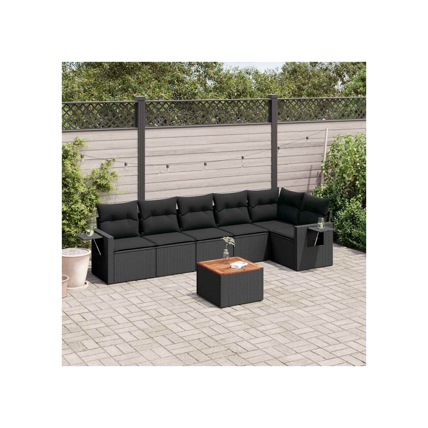 Salon de jardin 7 pcs avec coussins noir résine tressée