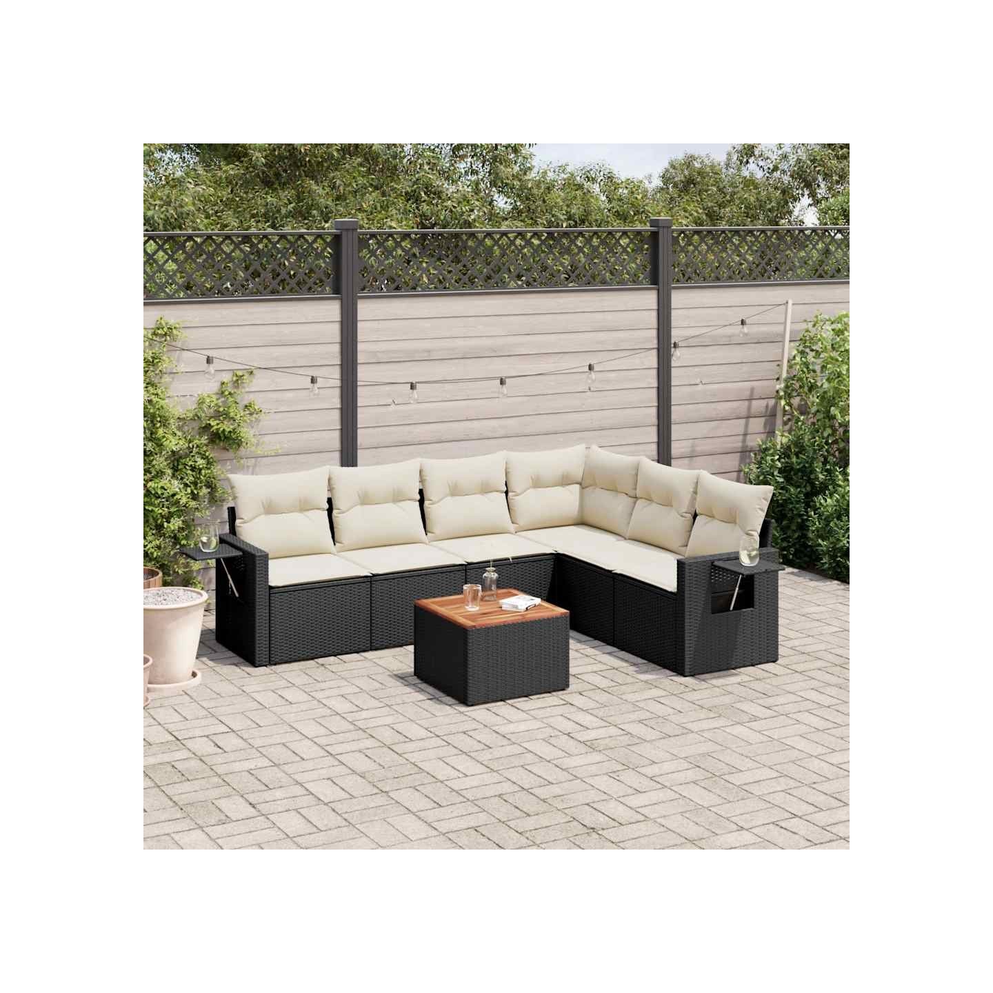 Salon de jardin 7 pcs avec coussins noir résine tressée