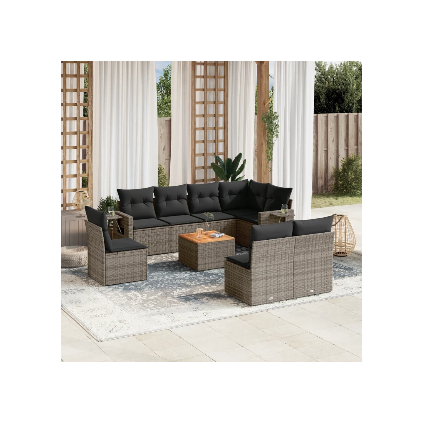 Salon de jardin 9 pcs avec coussins gris résine tressée