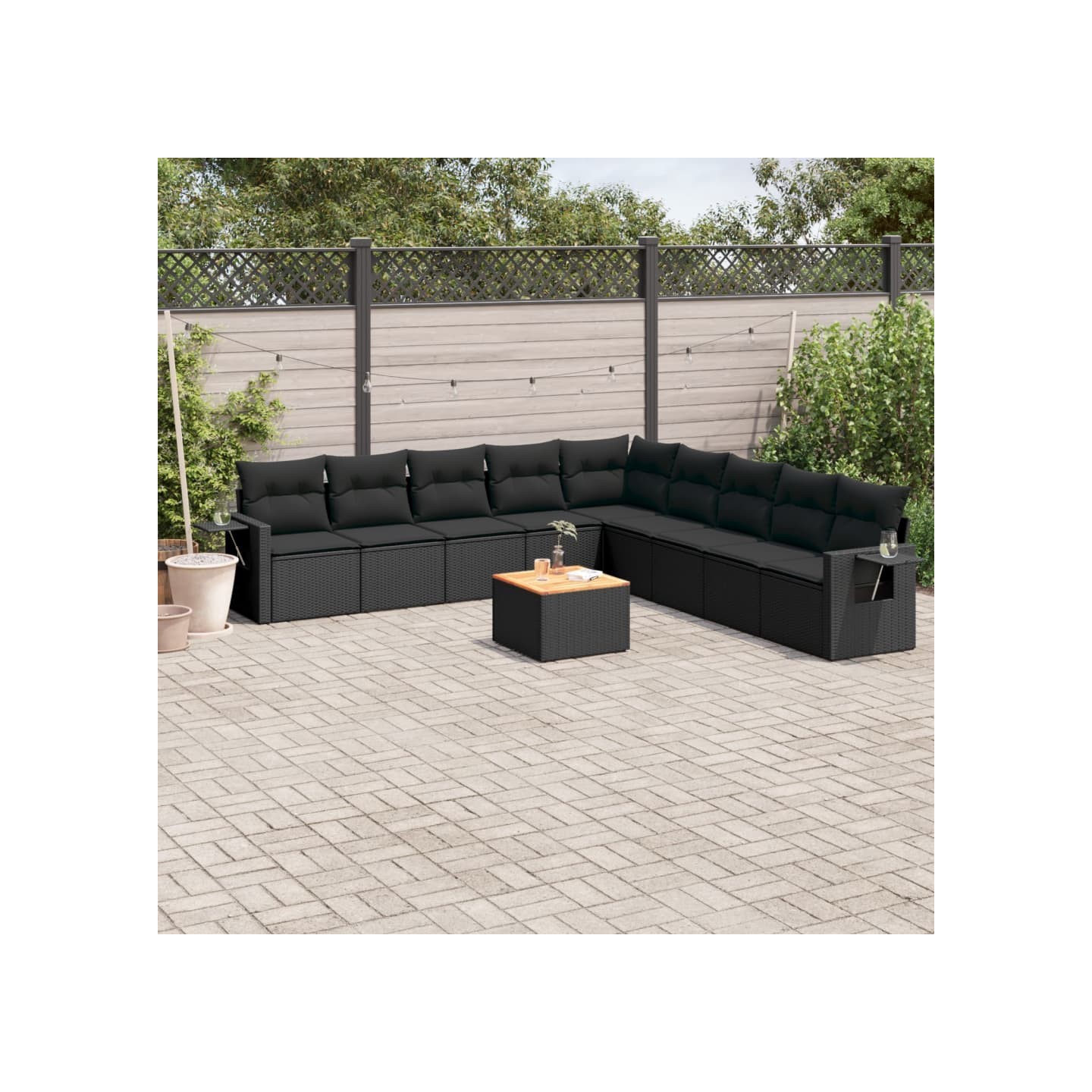 Salon de jardin 10 pcs avec coussins noir résine tressée