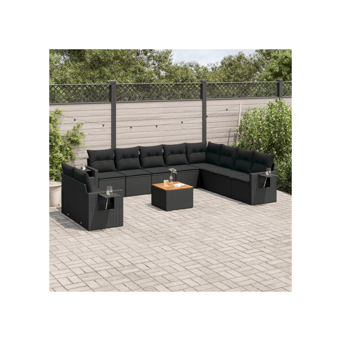 Salon de jardin 11 pcs avec coussins noir résine tressée