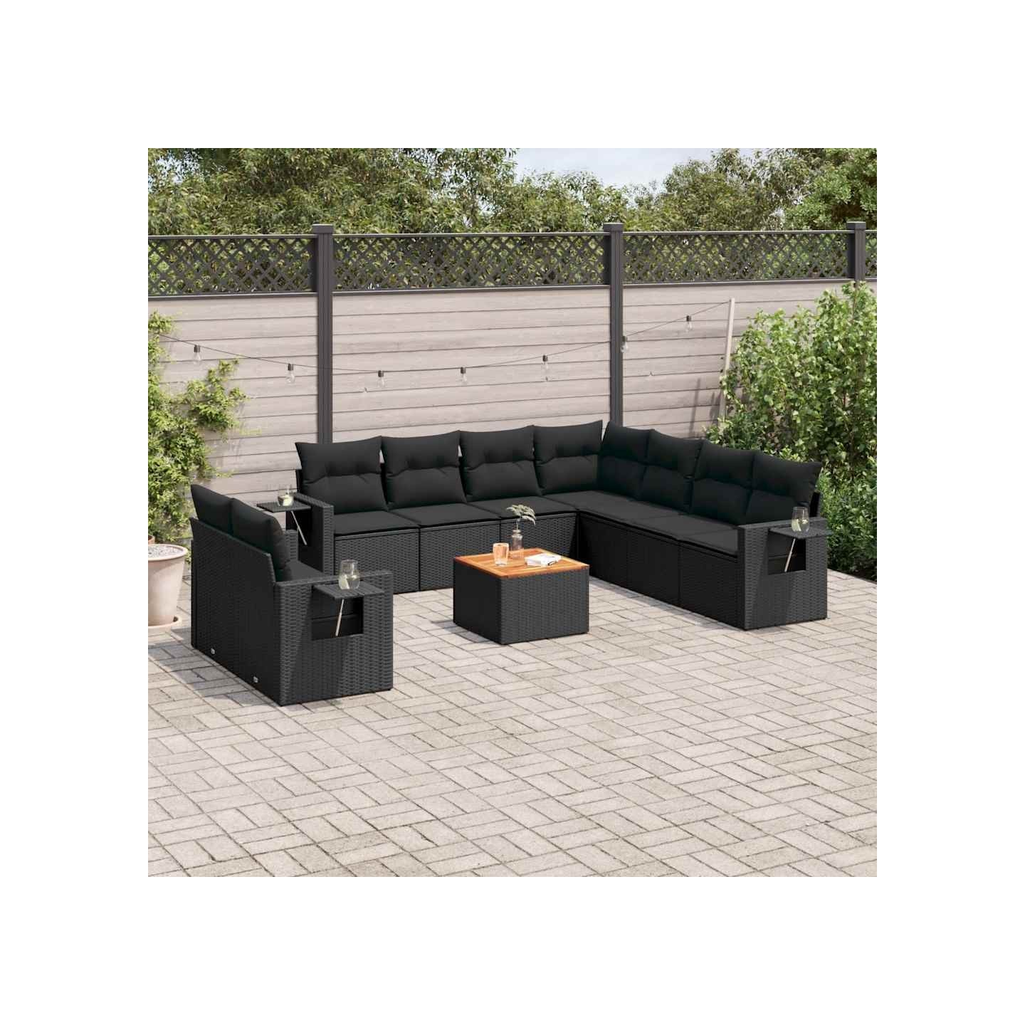 Salon de jardin 10 pcs avec coussins noir résine tressée