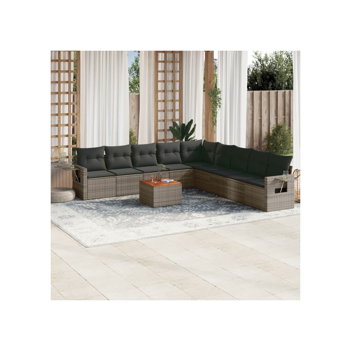 Salon de jardin avec coussins 10 pcs gris résine tressée