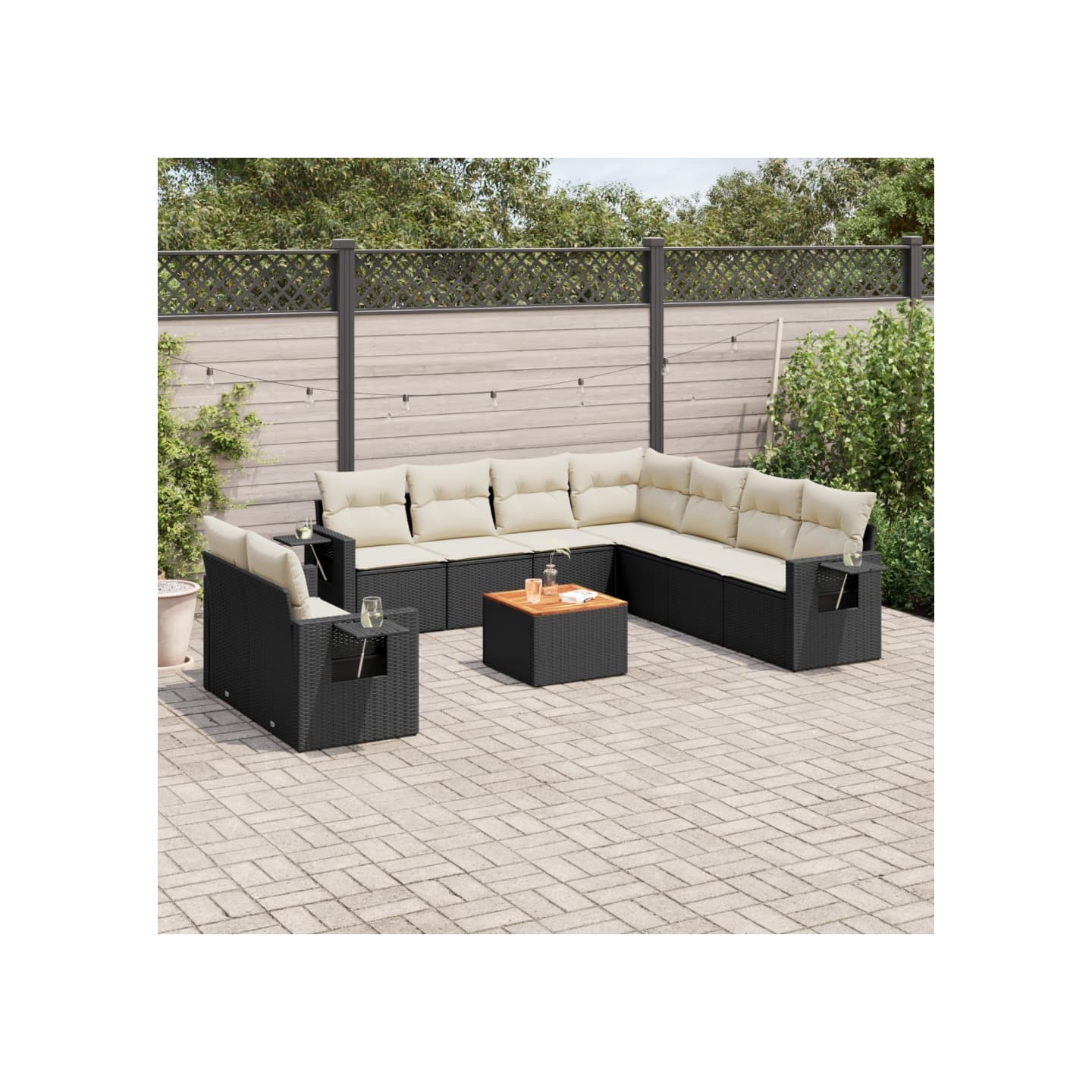 Salon de jardin 10 pcs avec coussins noir résine tressée