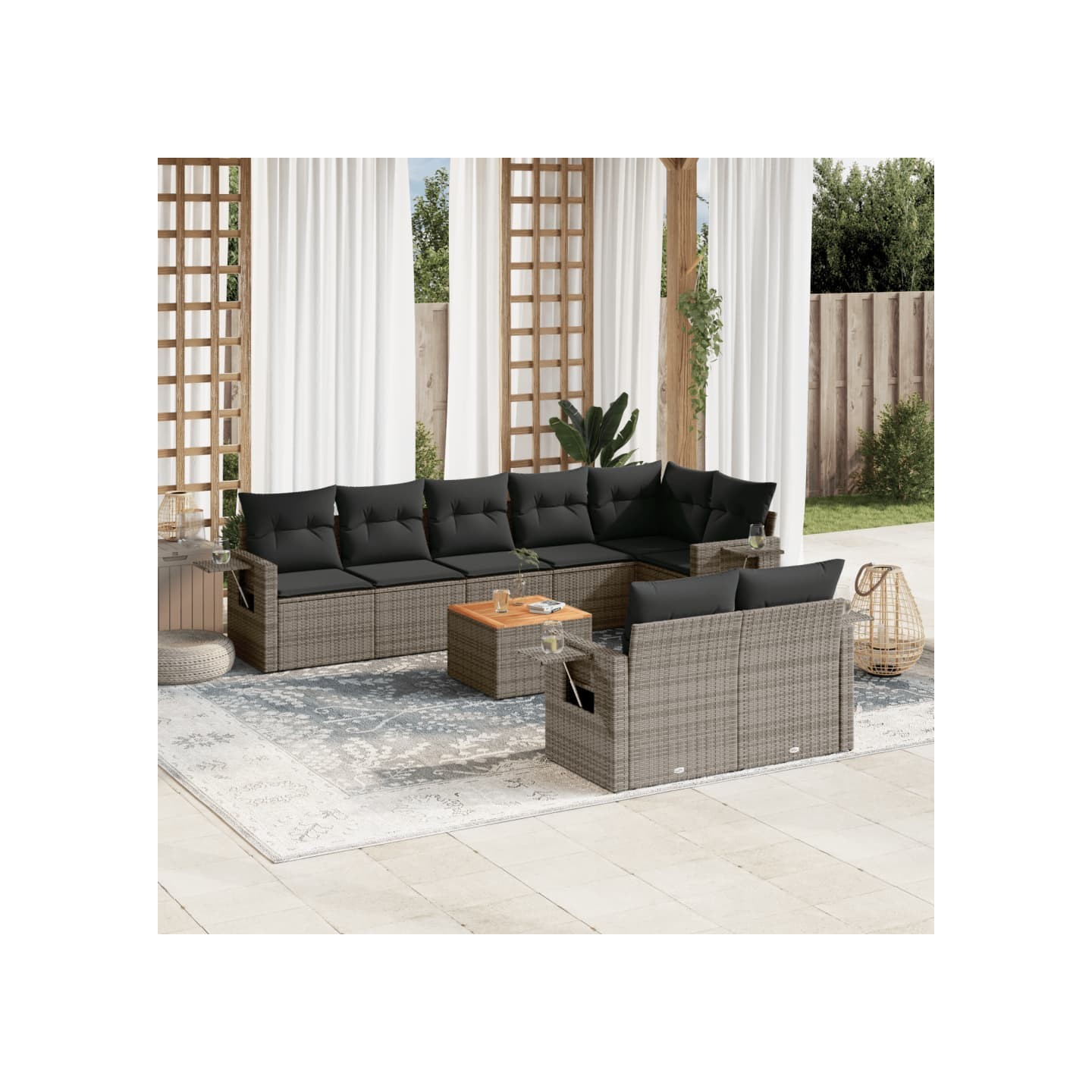 Salon de jardin 9 pcs avec coussins gris résine tressée