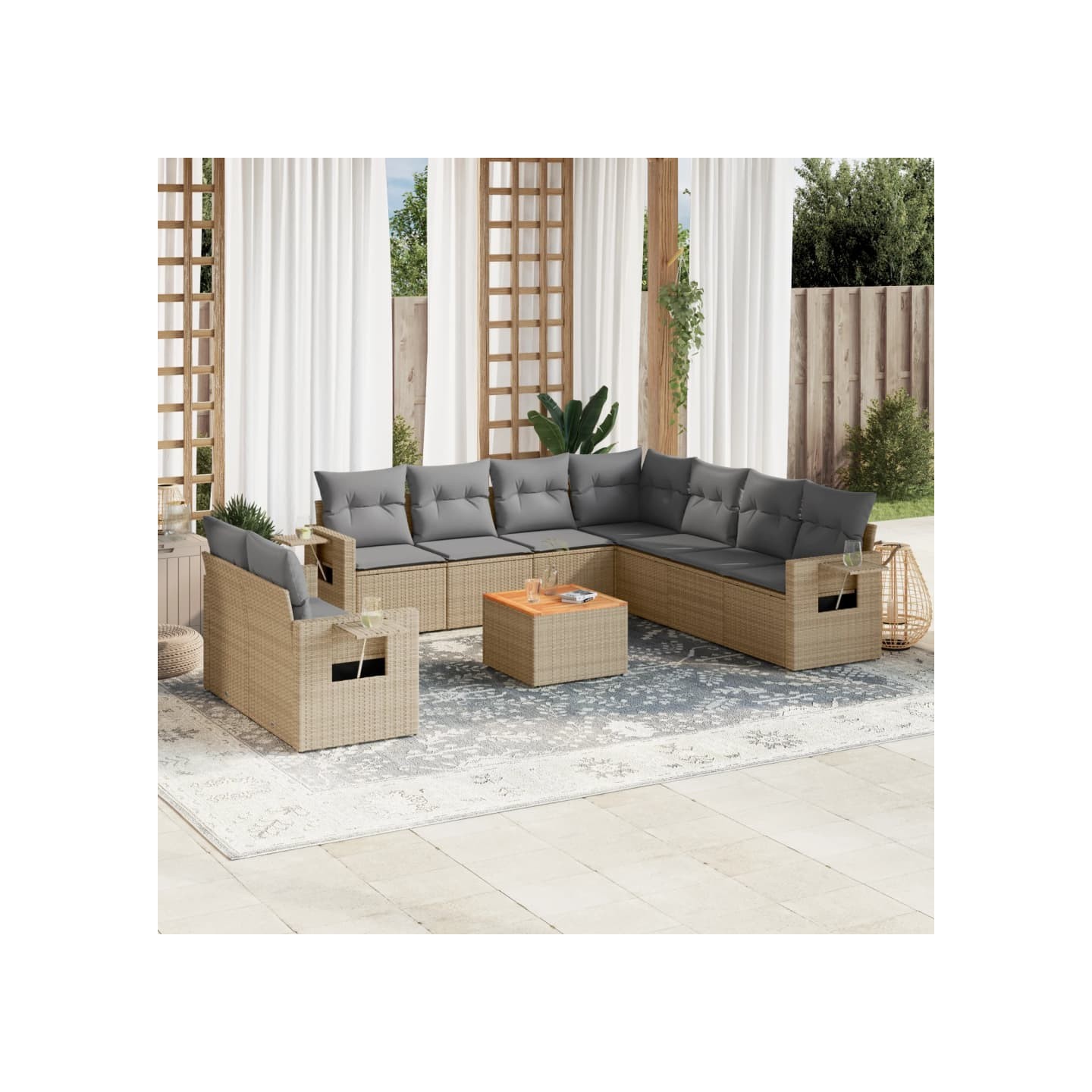 Salon de jardin et coussins 10 pcs mélange beige résine tressée