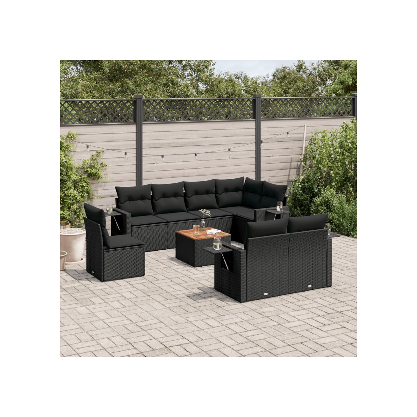 Salon de jardin 9 pcs avec coussins noir résine tressée