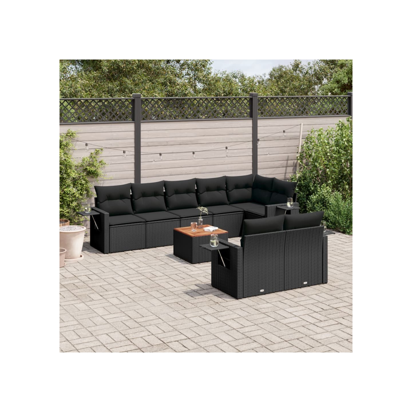 Salon de jardin 9 pcs avec coussins noir résine tressée