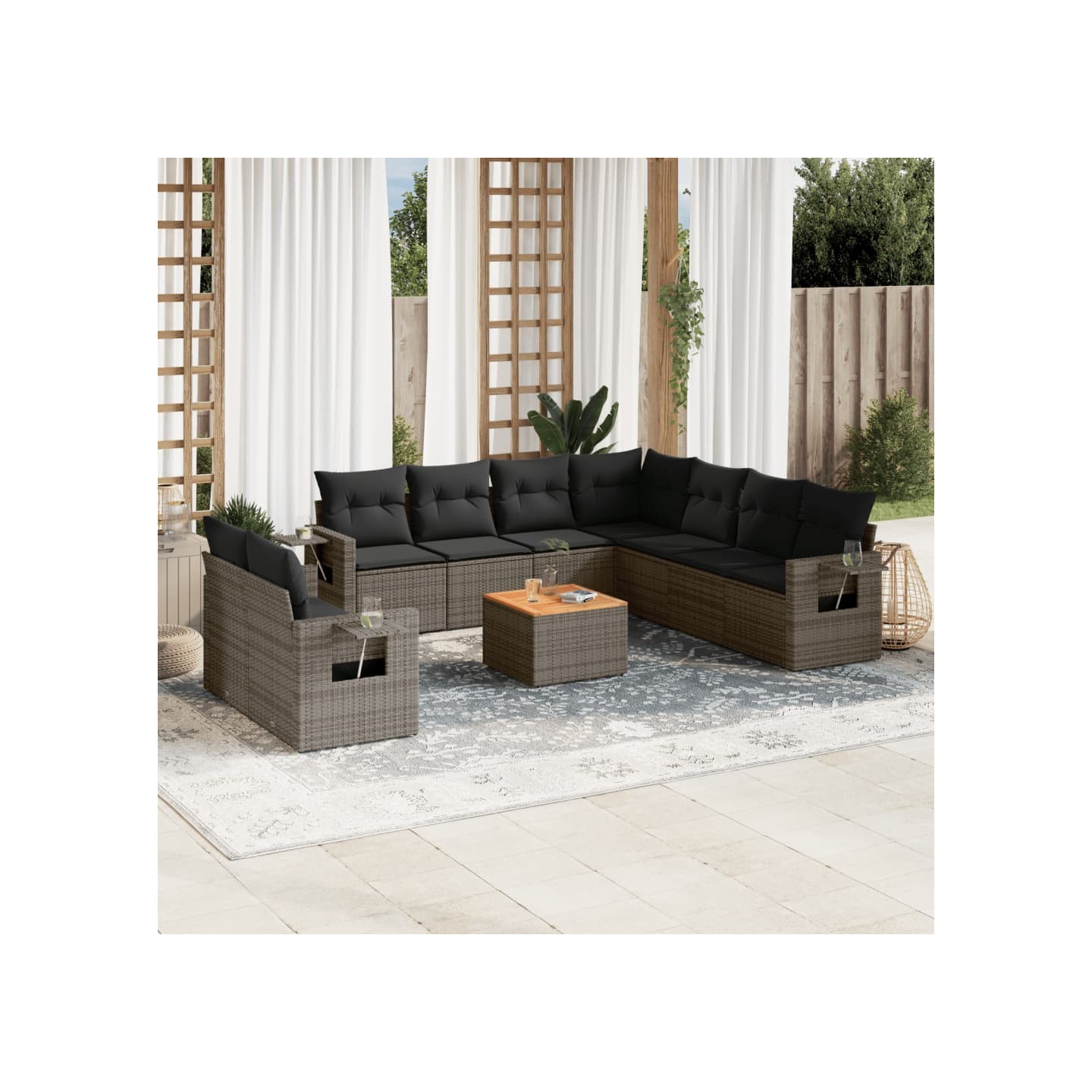 Salon de jardin avec coussins 10 pcs gris résine tressée