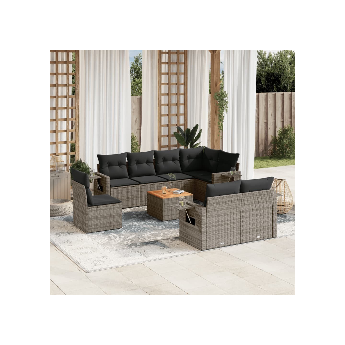 Salon de jardin 9 pcs avec coussins gris résine tressée