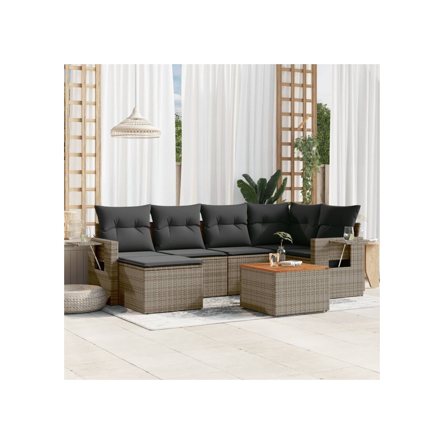 Salon de jardin avec coussins 7 pcs gris résine tressée
