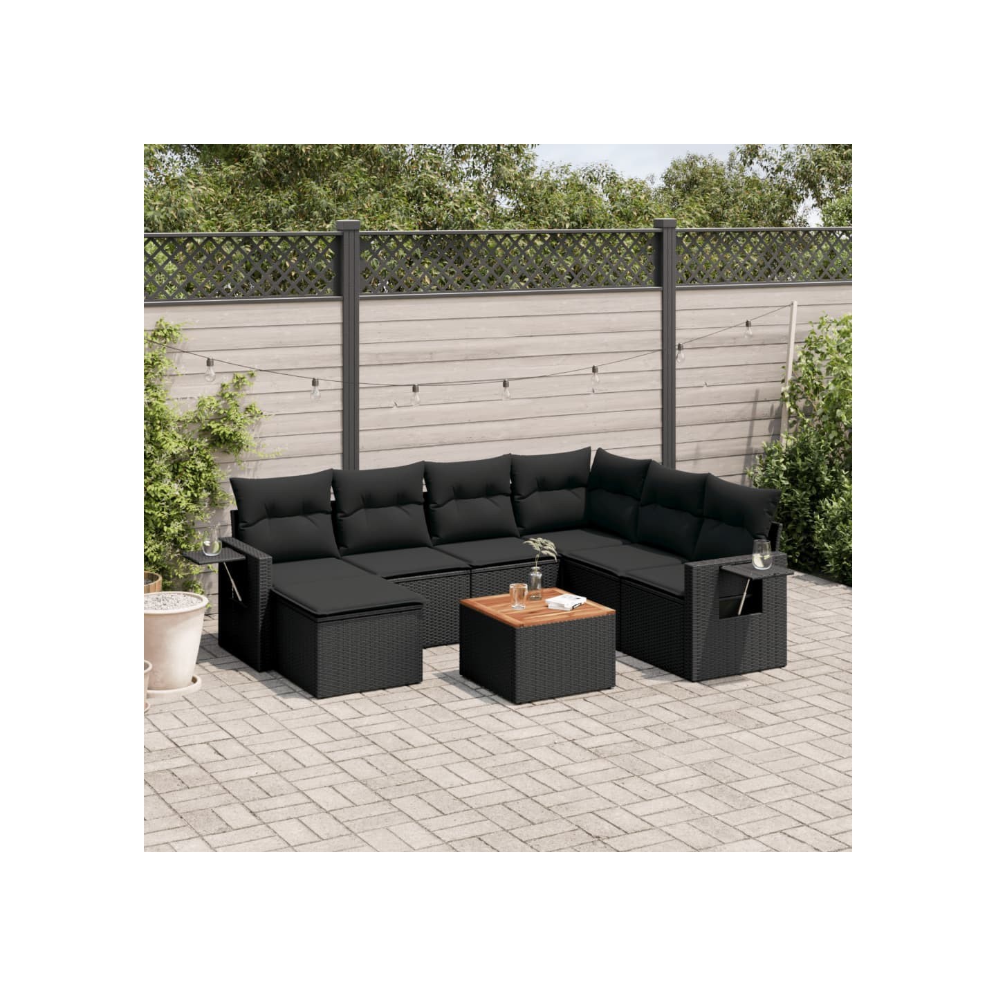 Salon de jardin 8 pcs avec coussins noir résine tressée