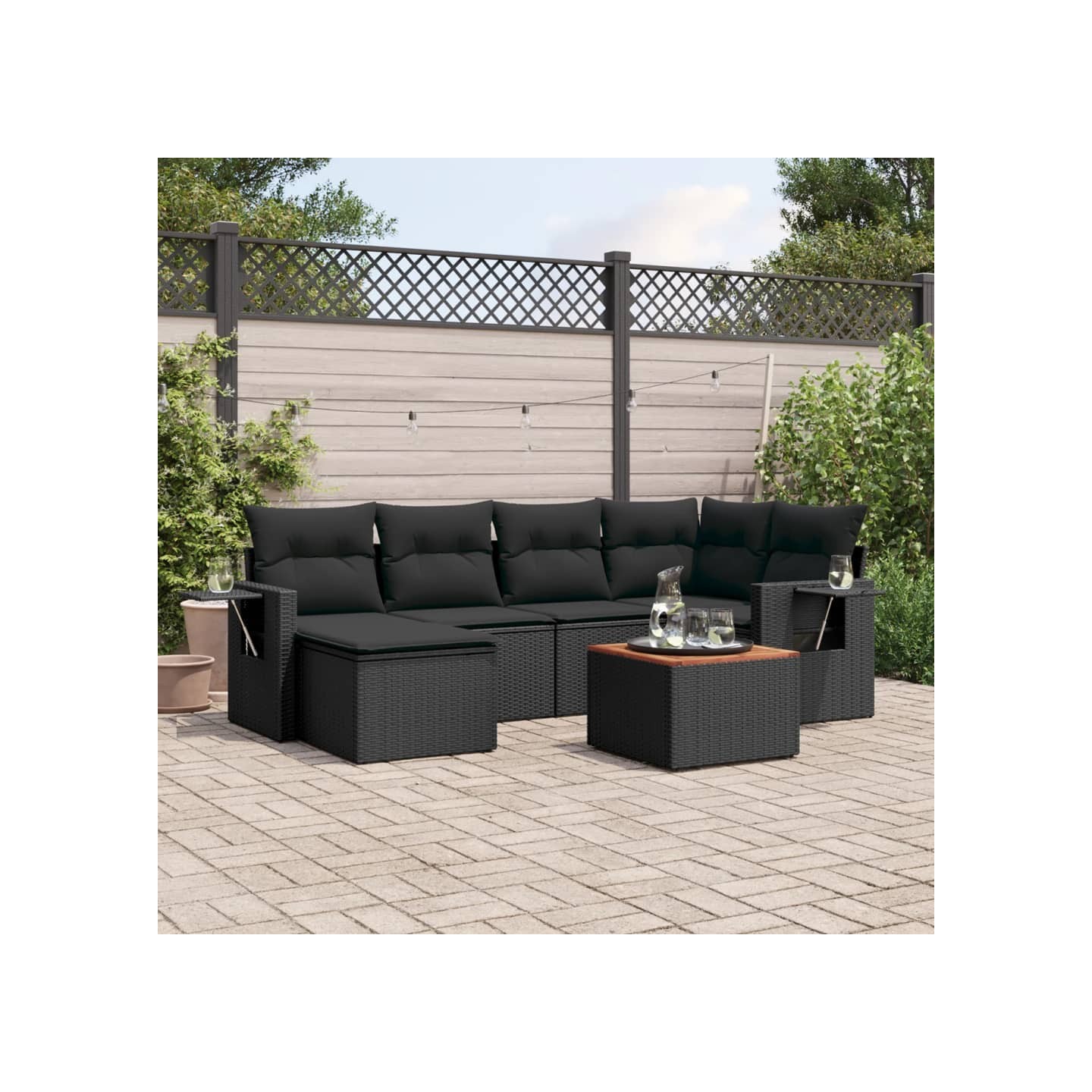 Salon de jardin 7 pcs avec coussins noir résine tressée